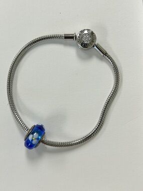 Sterling Silver Snake Chain Bracelet with Blue Glass Charm